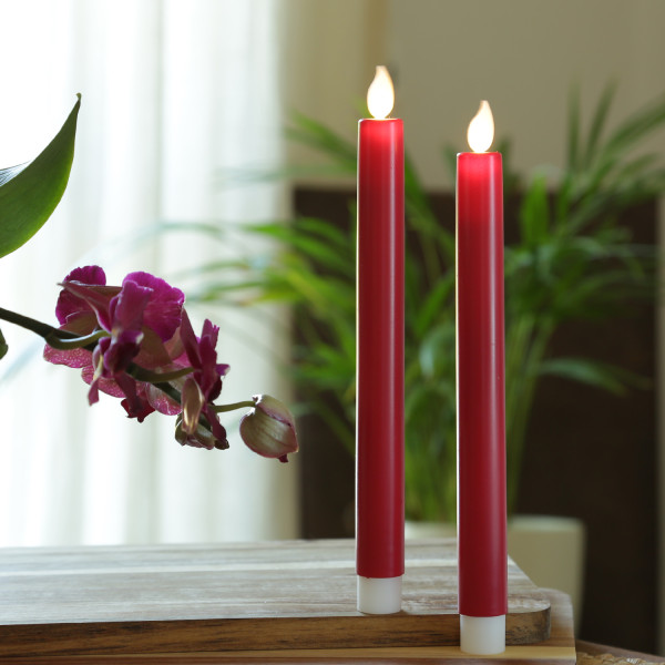 LED Stabkerzen - Echtwachs - bewegliche Flamme - Timer - H: 24cm - rot - 2er Set