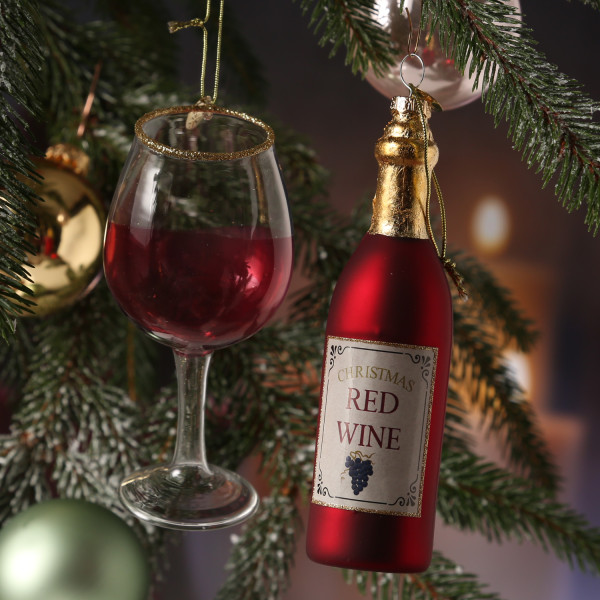 Weihnachtsbaumschmuck ROTWEIN - Weinflasche u. Weinglas - inkl. Aufhänger - rot, gold - 2teilig