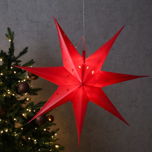 LED Stern - hängend - 7-zackig - 12 warmweiße LED - D: 60cm - Timer - Batterie - für Außen - rot