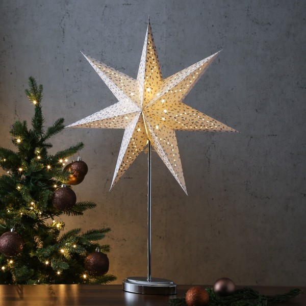 LED Papierstern MIRA - stehend - 7-zackig - 45 warmweiße LED - H: 75cm - Timer - Batterie - silber