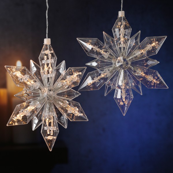 LED Stern - Acryl - hängend - jeweils 25 warmweiße LED - Timer - Batterie - transparent - 2er Set