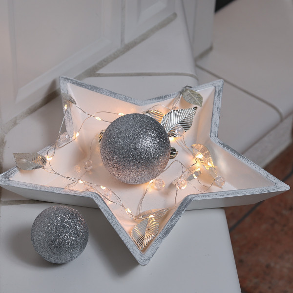 LED Drahtlichterkette mit silbernen Blättern und Perlen - 20 warmweiße LED - Batterie - L: 1,37m