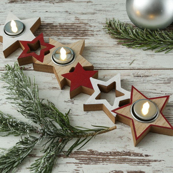 Teelichthalter STERN - Holz - für 3 Teelichter - L: 39,5cm - H: 2cm - natur, rot, weiß