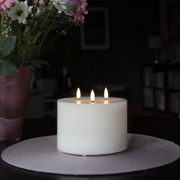 XXL LED Kerze - 3-Docht - Echtwachs - H: 13cm, D: 15cm - Batteriebetrieb - Timer - weiß