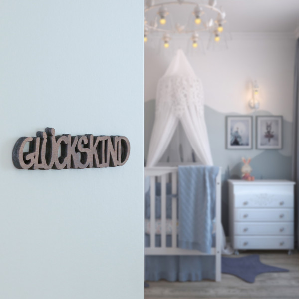 Schriftzug GLÜCKSKIND - Dekoschild - MDF Holz - 17,5x3,5cm - für Kommode, Wand, Tür - naturbraun