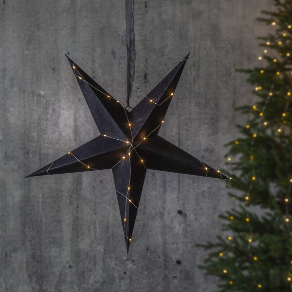 Papierstern Velvet mit Band und Samtbezug - 5-zackig - D: 60 cm - mit Drahtlichterkette - schwarz