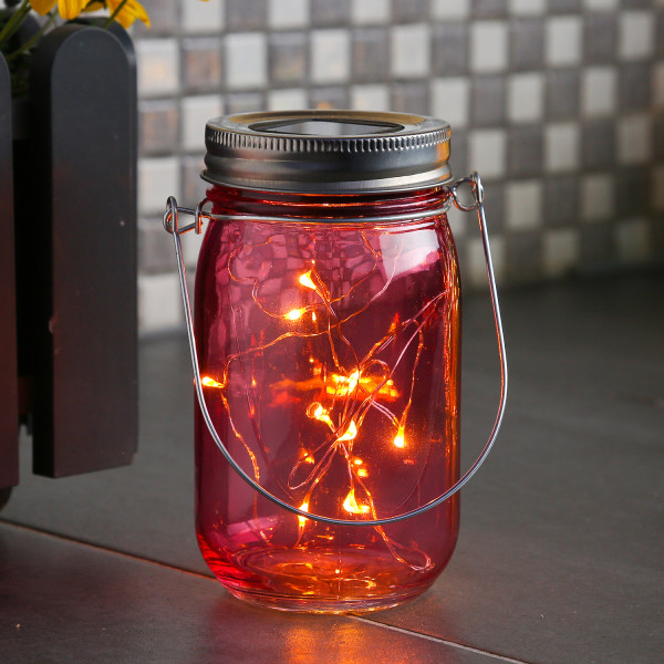 LED Solar Glas - Windlicht - mit Drahtlichterkette - Lichtsensor - H: 14cm - D: 8cm - rosa