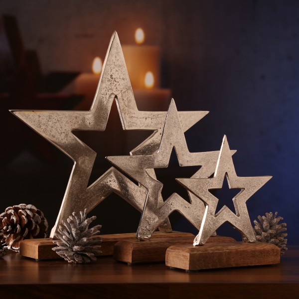 Dekostern aus Aluminium - Metallstern - stehend - Mangoholzsockel - natur, silber - 3er Set