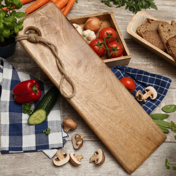 Schneidebrett - Servierbrett - rechteckig - Mangoholz - mit Kordel - L: 57,5cm - B: 18cm - natur