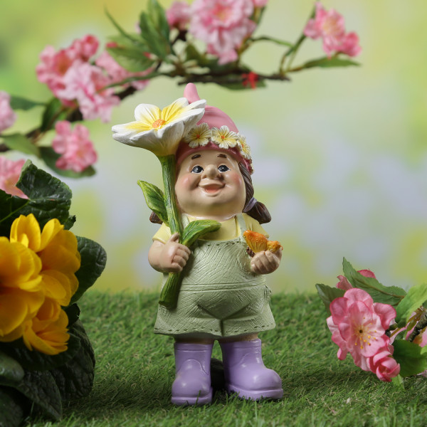 Gartenzwerg MAGDA - Zwerg mit Schmetterling und Blume - Gartenfigur - Polyresin - H: 17,5cm - bunt