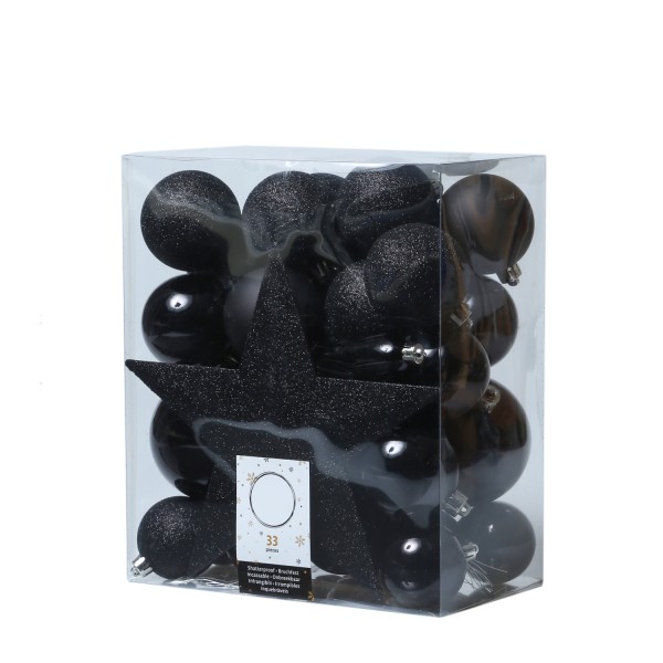 Christbaumkugeln - Weihnachtsbaumkugeln mit Stern Baumspitze - bruchfest - schwarz - 33er Set