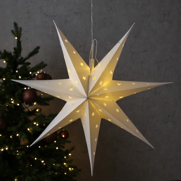 LED Stern - hängend - 7-zackig - 12 warmweiße LED - D: 60cm - Timer - Batterie - für Außen - weiß