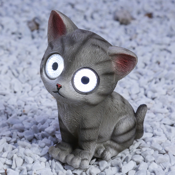 LED Solar KATZE FELIX - Gartenfigur - 2 kaltweiße LED - H: 16cm - grau gestreift