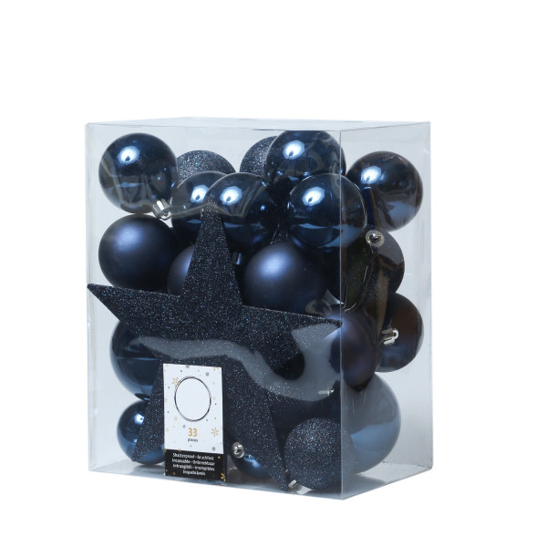 Christbaumkugeln - Weihnachtsbaumkugeln mit Stern Baumspitze - bruchfest - blau - 33er Set
