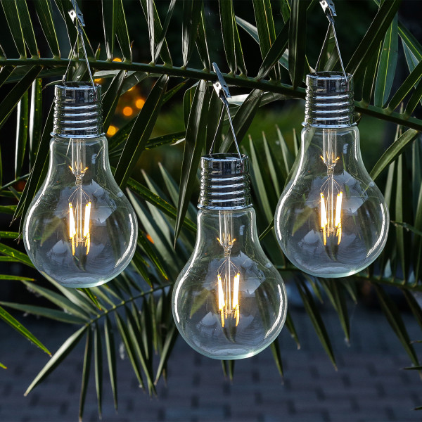 LED Solar XL Glühbirne - warmweißes Filament - H: 18cm - Dämmerungssensor - für Außen - 3 Stück