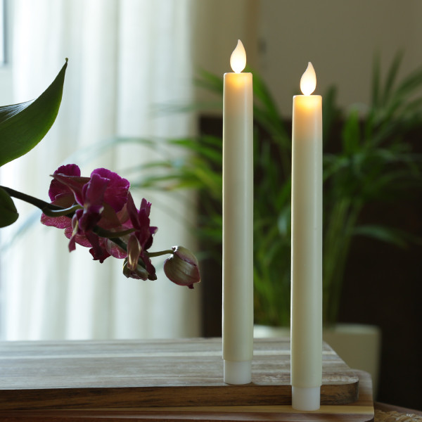 LED Stabkerzen - Echtwachs - bewegliche Flamme - Timer - H: 24cm - creme - 2er Set