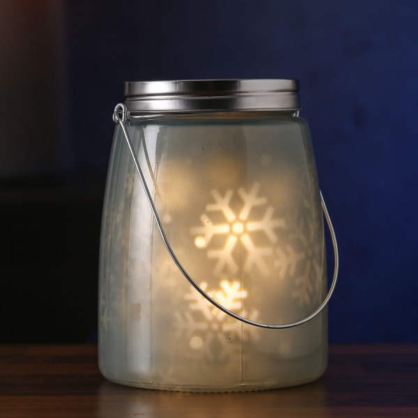 LED Dekoglas SNOW - rotierende Schneeflocken - 11 warmweiße LED - H: 16cm - indoor - blau