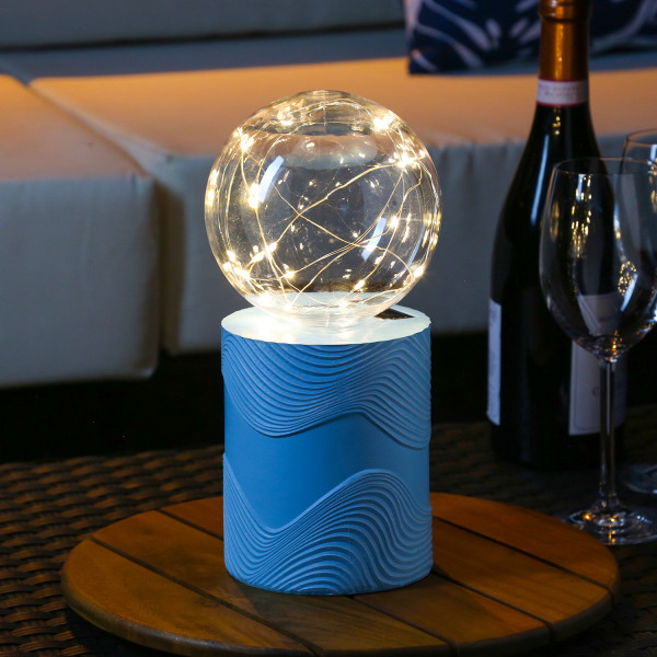 LED Solar Tischlampe GLOW - Kugelleuchte mit Sockel - warmweiße LED - H: 27cm - Lichtsensor - blau