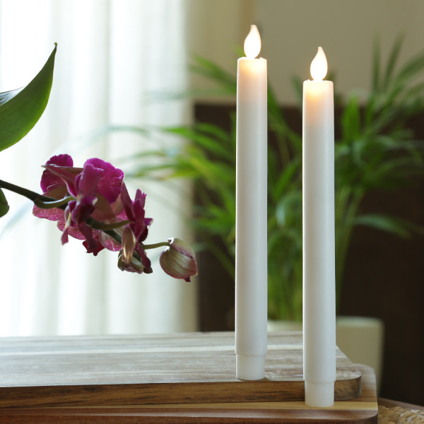 LED Stabkerzen - Echtwachs - bewegliche Flamme - Timer - H: 24cm - weiß - 2er Set