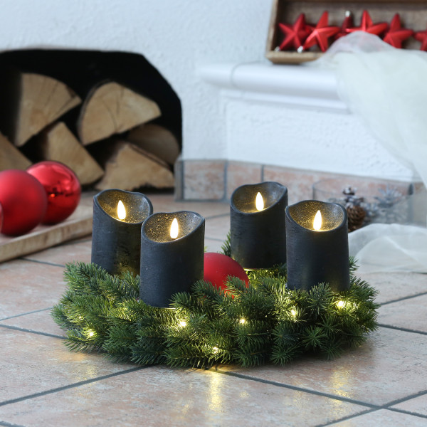 LED Kerzenset FLAMME - Rustik-Optik - Echtwachs - 3D Flamme - H: 10cm - Timer - schwarz - 4er Set