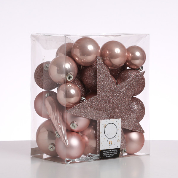 Christbaumkugeln - Weihnachtsbaumkugeln mit Stern Baumspitze - bruchfest - rosa - 33er Set