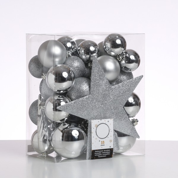Christbaumkugeln - Weihnachtsbaumkugeln mit Stern Baumspitze - bruchfest - silber - 33er Set