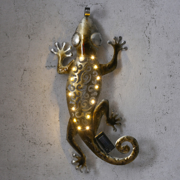 LED Solar Wanddeko GECKO - 15 warmweiße LED - H: 46cm - Dämmerungssensor - gold
