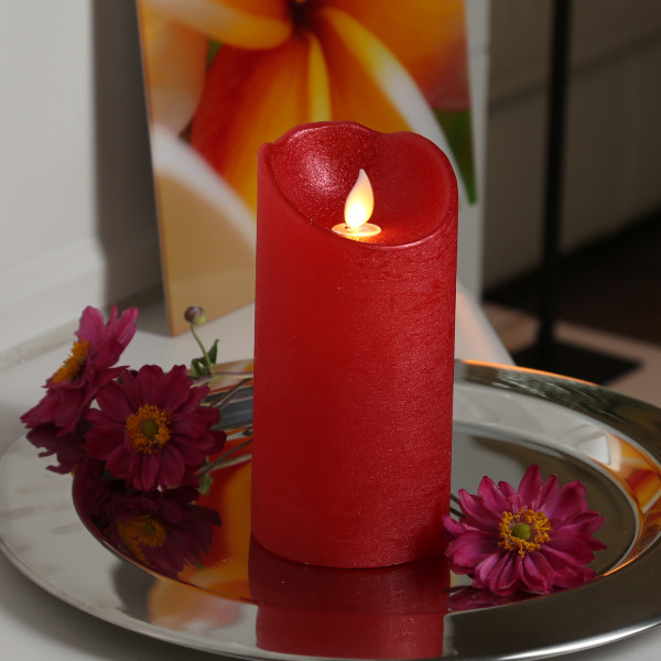 LED Kerze mit beweglicher Flamme - Rustik-Optik - Echtwachs - Timer - H: 15cm - D: 7,5cm - rot