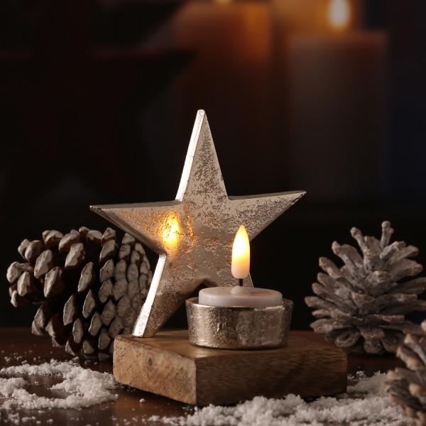 Teelichthalter STERN - Aluminium - Mangoholzsockel - H: 12,5cm - natur, silber