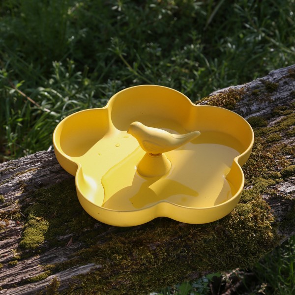 Futterstelle Blume mit Vögelchen - Vogeltränke - Bambus - H: 7cm - gelb