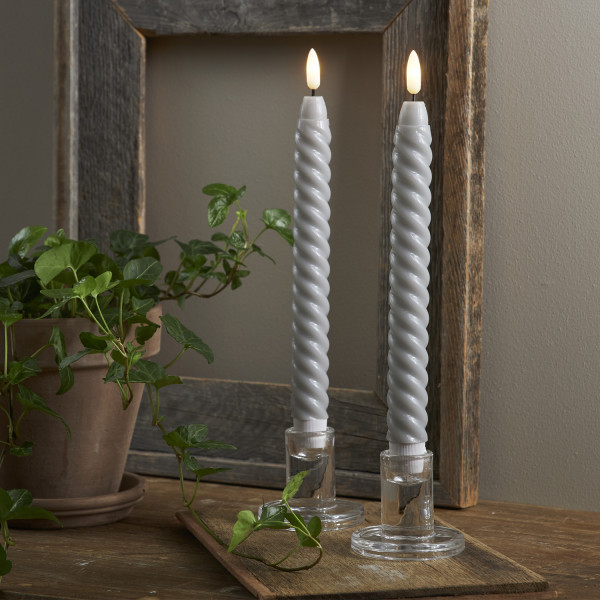 LED Stabkerzen SWIRL - Echtwachs - flackernde 3D Flamme - H: 25cm - Timer - grau - 2er Set