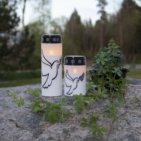LED Grablicht/Grabkerze Taube - 2 warmweiße LED - 2 Größen - Timer - Batterie - weiß/schwarz - 2St.