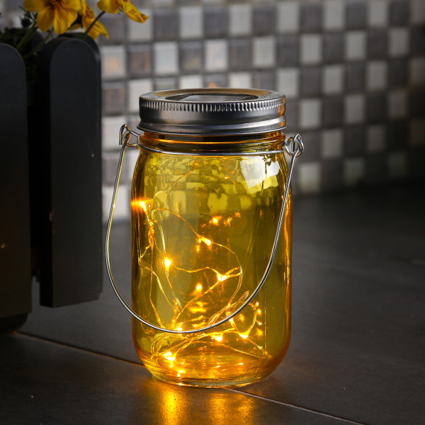 LED Solar Glas - Windlicht - mit Drahtlichterkette - Lichtsensor - H: 14cm - D: 8cm - gelb