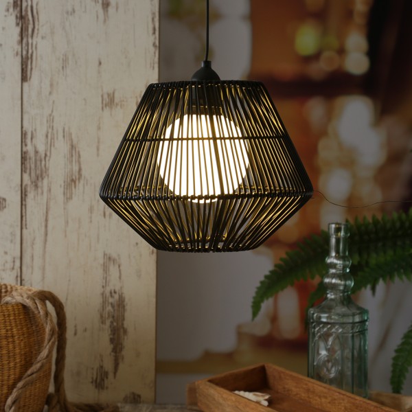 LED Solar Hängeleuchte - Korboptik - warmweiße LED - D: 22,5cm - Lichtsensor - schwarz
