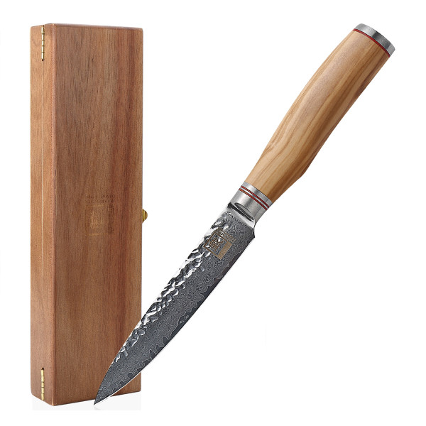 ZAYIKO Damastmesser "OLIVE Allzweckmesser" - 12,5cm Klinge - Griff: Olivemholz - VG-10 Stahlkern