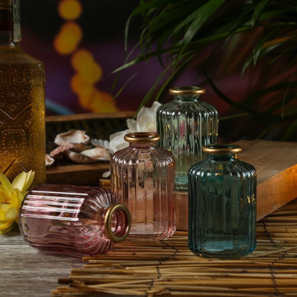 Mini Glasvase mit Rillen - Dekovase - Blumenvase - mit Goldrand - H: 10cm - bunt - 4er Set