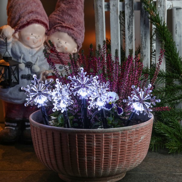 LED Gartenstecker SCHNEEFLOCKEN - 5 kaltweiße LED - H: 9,5cm - Timer - Batterie - Außen - 5er Set