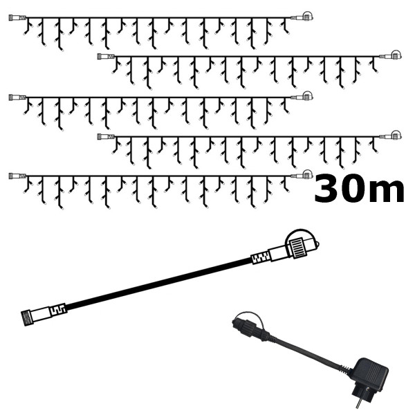 SYSTEM 24 KOMPLETT SET 30m - LED Lichtervorhang Eisregen - Icicle für Dachrinne, Garage etc.