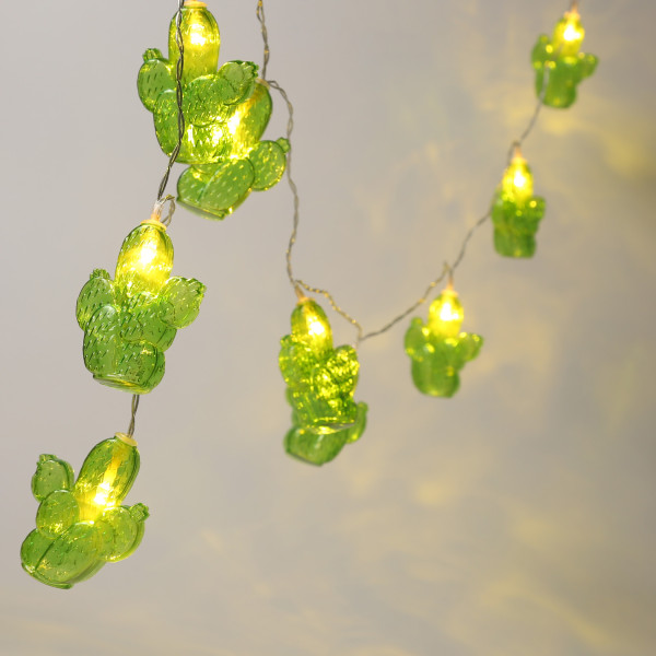 LED Lichterkette Kaktus - 10 warmweiße LED - Batteriebetrieb - L: 1,35m - grün